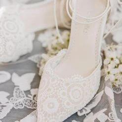 CASSIE Lace Up Crocheted Ivory Strappy Block Heels Wedding