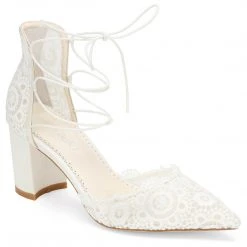 CASSIE Lace Up Crocheted Ivory Strappy Block Heels Wedding