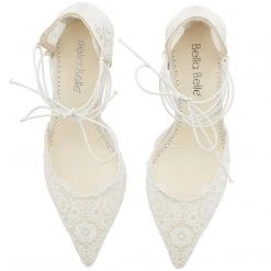 CASSIE Lace Up Crocheted Ivory Strappy Block Heels Wedding