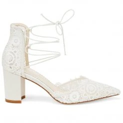 CASSIE Lace Up Crocheted Ivory Strappy Block Heels Wedding