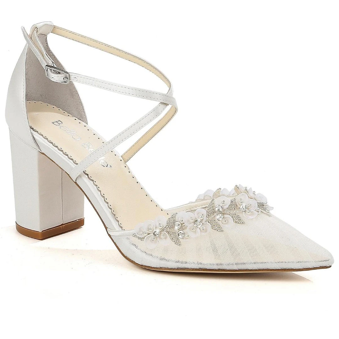 HEIDI Pleated Tulle Floral Block Heel Pumps Wedding HEIDI Pleated Tulle Floral Block Heel Pumps Wedding