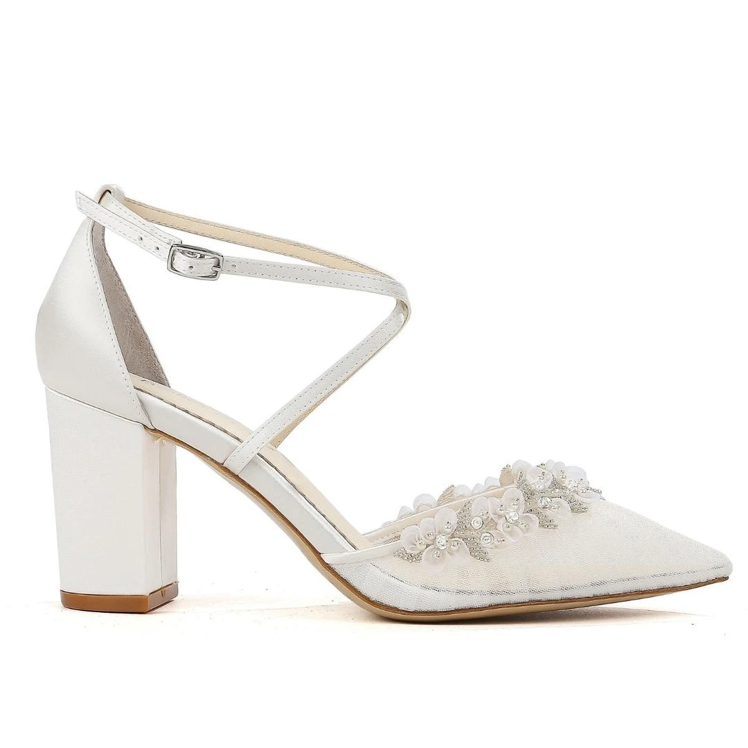 HEIDI Pleated Tulle Floral Block Heel Pumps Wedding HEIDI Pleated Tulle Floral Block Heel Pumps Wedding