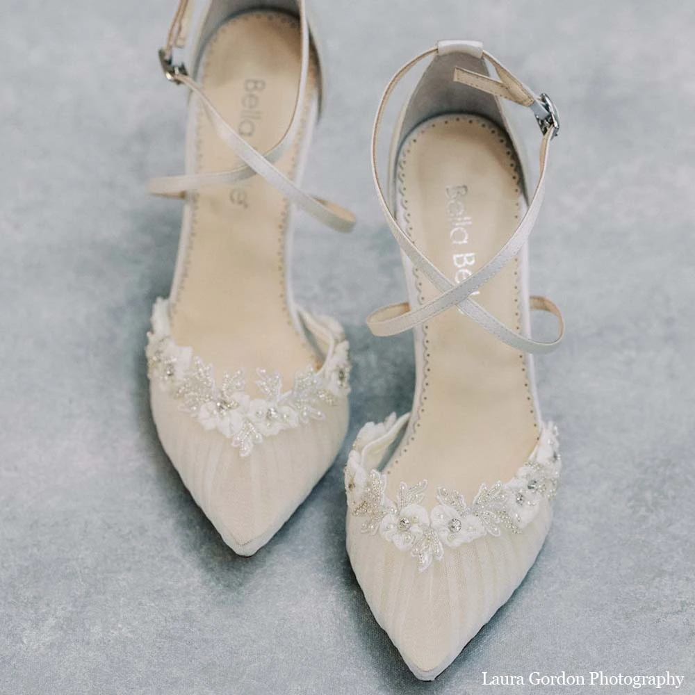 HEIDI Pleated Tulle Floral Block Heel Pumps Wedding HEIDI Pleated Tulle Floral Block Heel Pumps Wedding