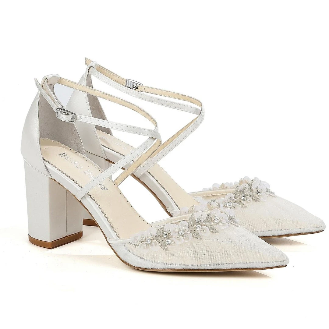 HEIDI Pleated Tulle Floral Block Heel Pumps Wedding HEIDI Pleated Tulle Floral Block Heel Pumps Wedding