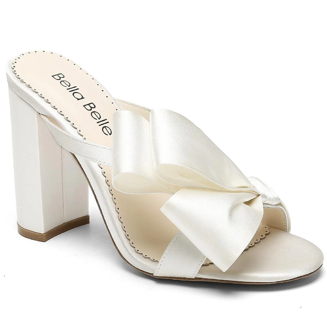 IZZY Ivory Tall Block Heel Mules With Bow Wedding IZZY Ivory Tall Block Heel Mules With Bow Wedding