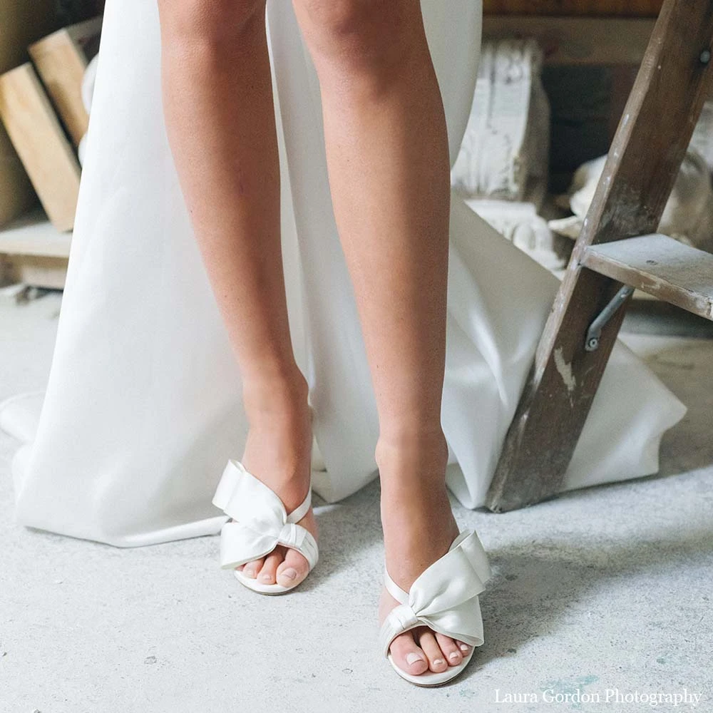 IZZY Ivory Tall Block Heel Mules With Bow Wedding IZZY Ivory Tall Block Heel Mules With Bow Wedding