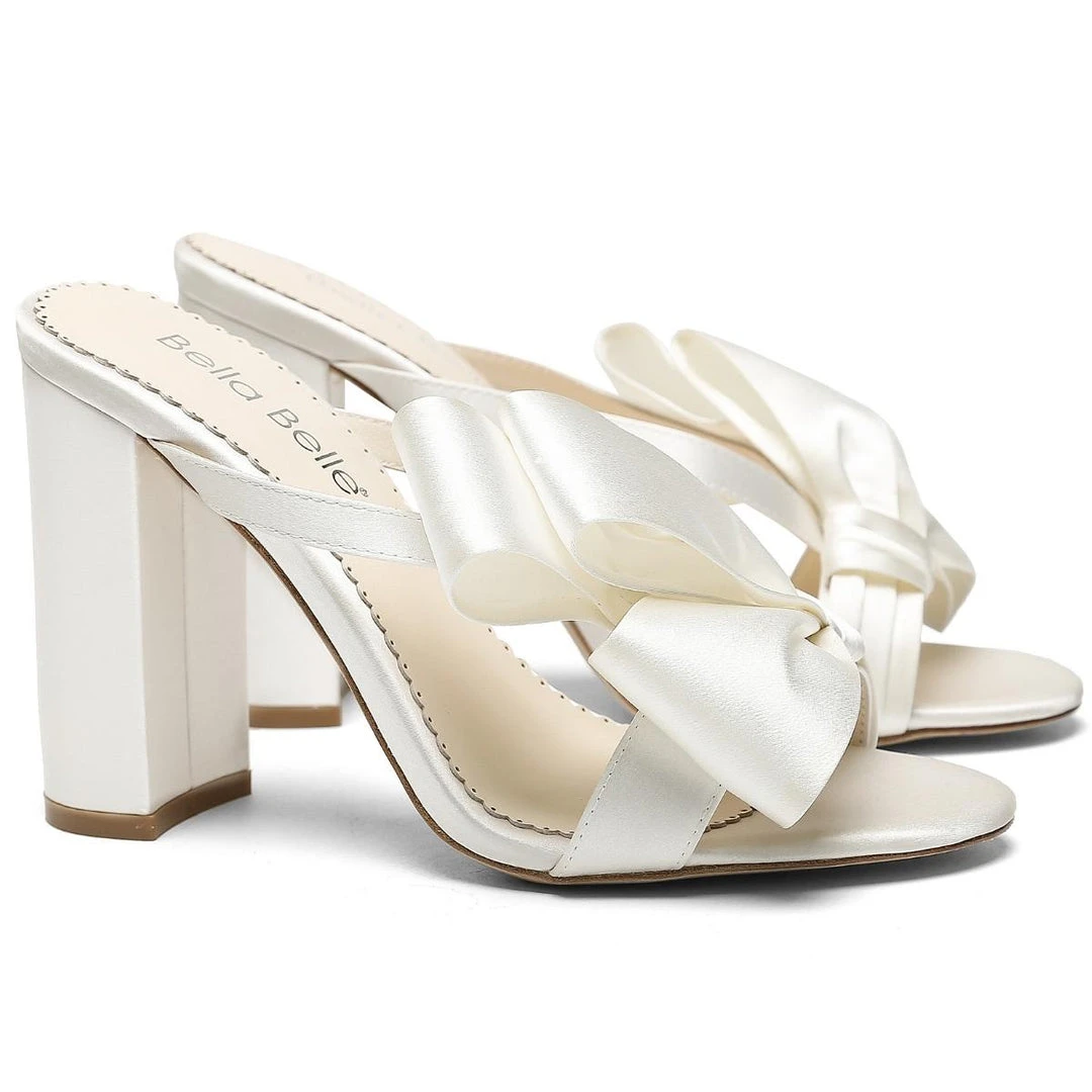 IZZY Ivory Tall Block Heel Mules With Bow Wedding IZZY Ivory Tall Block Heel Mules With Bow Wedding