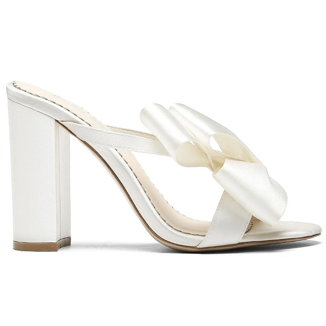 IZZY Ivory Tall Block Heel Mules With Bow Wedding IZZY Ivory Tall Block Heel Mules With Bow Wedding
