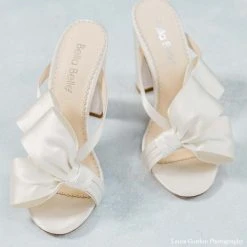 IZZY Ivory Tall Block Heel Mules With Bow Wedding