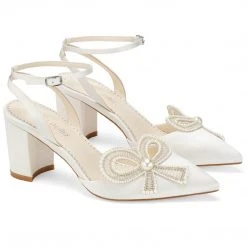 KAYLA Ivory Wedding Shoes With Pearls, Block Heel Slingback
