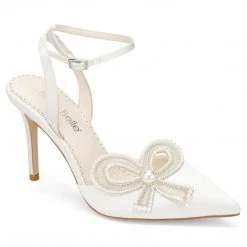 KENZIE Ivory Beaded Pearl Bow Shoes, Bridal Ankle Strap Heels With Bow