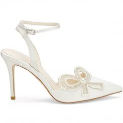 KENZIE Ivory Beaded Pearl Bow Shoes, Bridal Ankle Strap Heels With Bow