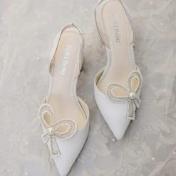 KENZIE Ivory Beaded Pearl Bow Shoes, Bridal Ankle Strap Heels With Bow