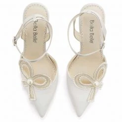 KENZIE Ivory Beaded Pearl Bow Shoes, Bridal Ankle Strap Heels With Bow