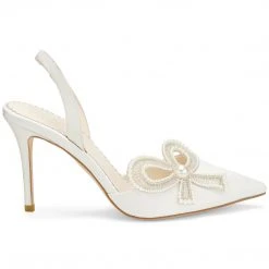 KENZIE Ivory Beaded Pearl Bow Shoes, Bridal Ankle Strap Heels With Bow