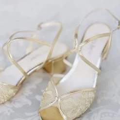LORETTA Lace Gold Block Heel Sandal Wedding