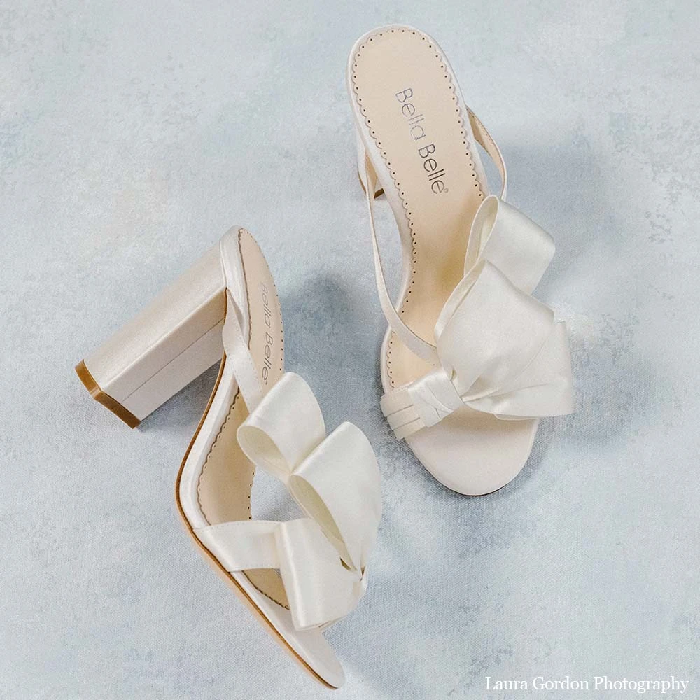 IZZY Ivory Tall Block Heel Mules With Bow Wedding IZZY Ivory Tall Block Heel Mules With Bow Wedding