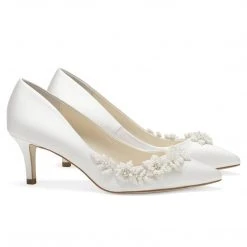 IRIS IVORY Floral And Beads Kitten Heel Wedding Shoe Ivory