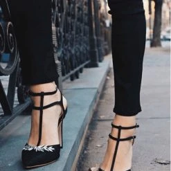 PAYGE Crystal Embellished Heels, T Strap Pumps Evening