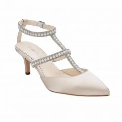 COURTNEY Crystals & Pearl T-Strap Champagne Wedding Shoes Low Heel Kitten Pumps