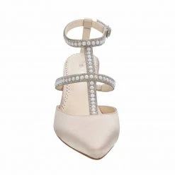 COURTNEY Crystals & Pearl T-Strap Champagne Wedding Shoes Low Heel Kitten Pumps