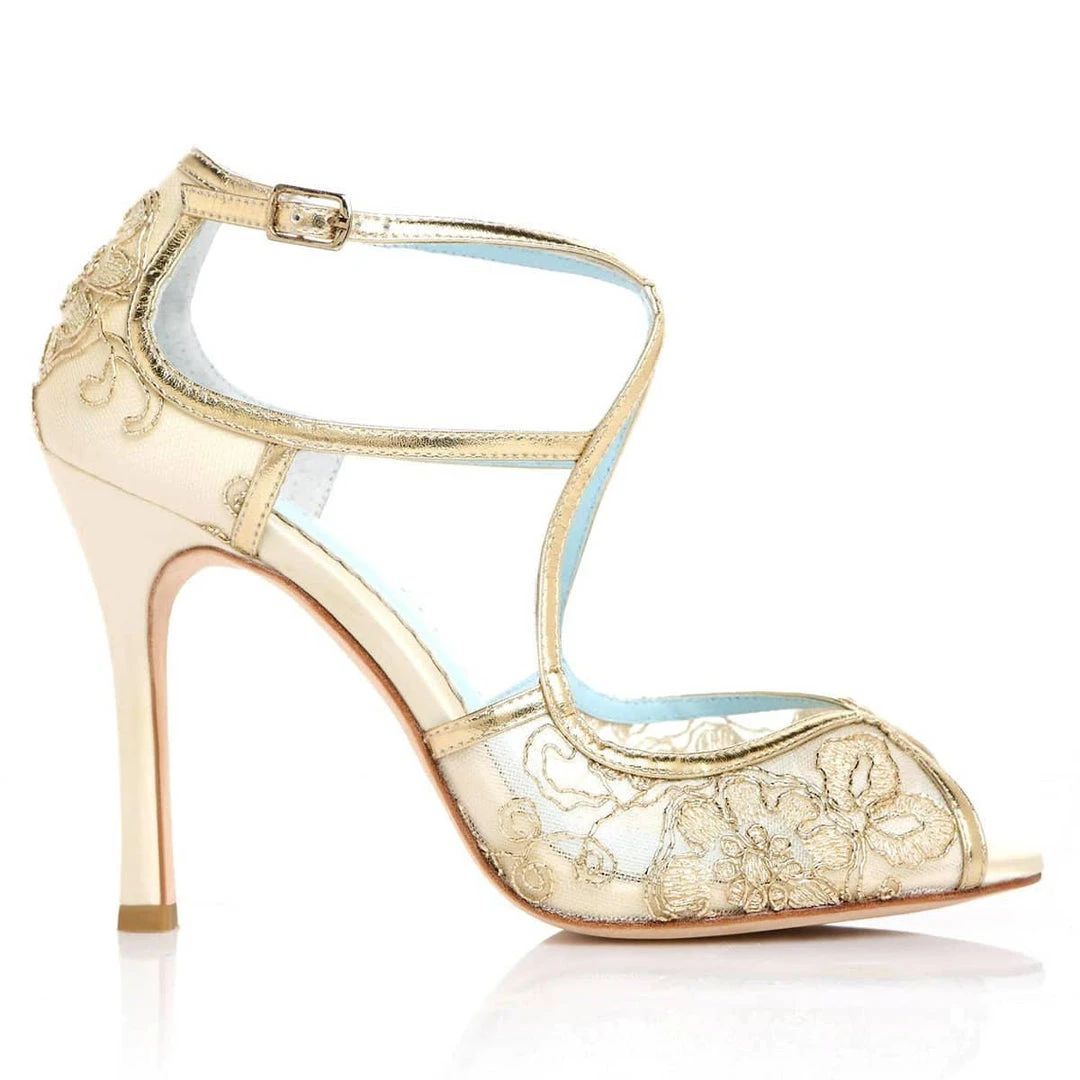TESS Gold Lace Heels, Blue Sole Shoes Wedding TESS Gold Lace Heels, Blue Sole Shoes Wedding