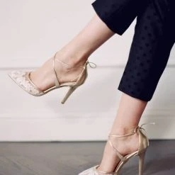 ANITA GOLD Evening & Bridal Gold Shoes Lace Floral Illusion Mesh Wedding