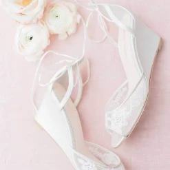 PAMELA Ivory Floral Lace Wedge Wedding Shoe