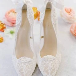 GISELLE Ivory Lace Boho Wedding Heels With Ribbon Tie