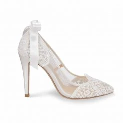 GISELLE Ivory Lace Boho Wedding Heels With Ribbon Tie