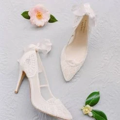 GISELLE Ivory Lace Boho Wedding Heels With Ribbon Tie
