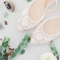 ROSA IVORY Floral Pearl Beaded Wedding Shoes Low Heel
