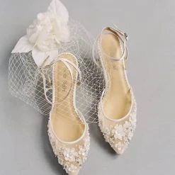 ROSA IVORY Floral Pearl Beaded Wedding Shoes Low Heel