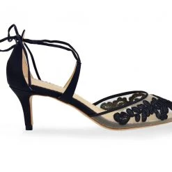 AMELIA BLACK Evening Lace Black Strap Kitten Heels