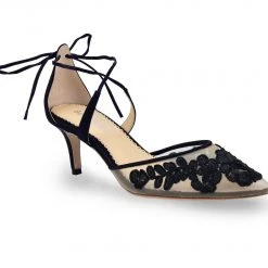 AMELIA BLACK Evening Lace Black Strap Kitten Heels