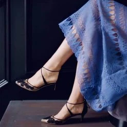 AMELIA BLACK Evening Lace Black Strap Kitten Heels