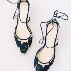 AMELIA BLACK Evening Lace Black Strap Kitten Heels