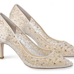EVELYN NUDE Wedding Low Heel Crystal Sequin Nude Sparkly Heels