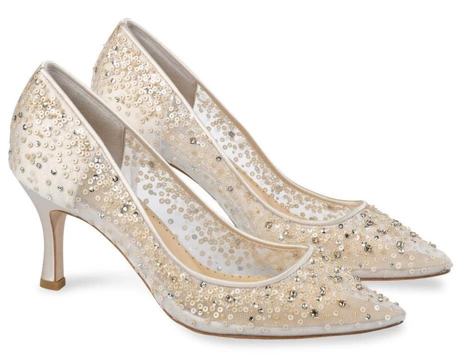 EVELYN NUDE Wedding Low Heel Crystal Sequin Nude Sparkly Heels EVELYN NUDE Wedding Low Heel Crystal Sequin Nude Sparkly Heels