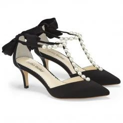 LISA BLACK Black Ankle Strap Heel With Pearl Detail