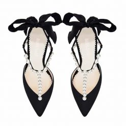LISBETH BLACK Pearl Wedding Shoes Pearl Strap Heels With Bow Ankle Strap