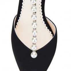 LISBETH BLACK Pearl Wedding Shoes Pearl Strap Heels With Bow Ankle Strap