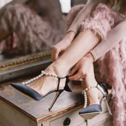LISBETH BLACK Pearl Wedding Shoes Pearl Strap Heels With Bow Ankle Strap