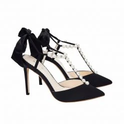 LISBETH BLACK Pearl Wedding Shoes Pearl Strap Heels With Bow Ankle Strap