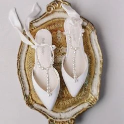LULU Pearls And Crystal Ivory Bow Wedding Flats