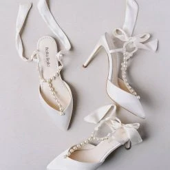 LULU Pearls And Crystal Ivory Bow Wedding Flats