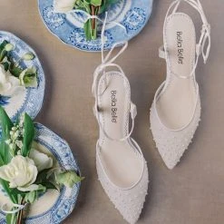 ELENA Wedding Pleated Tulle Pearl Kitten Heels