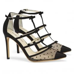 RITA BLACK Black T Strap Heels With Polka Dots