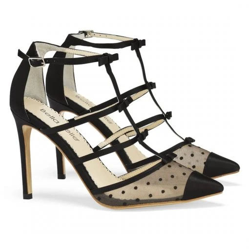 RITA BLACK Black T Strap Heels With Polka Dots