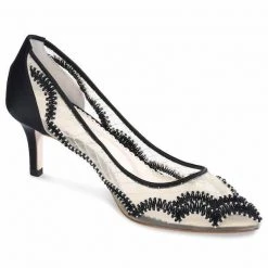 NICOLE Scalloped Embroidered Black Evening Kitten Heels